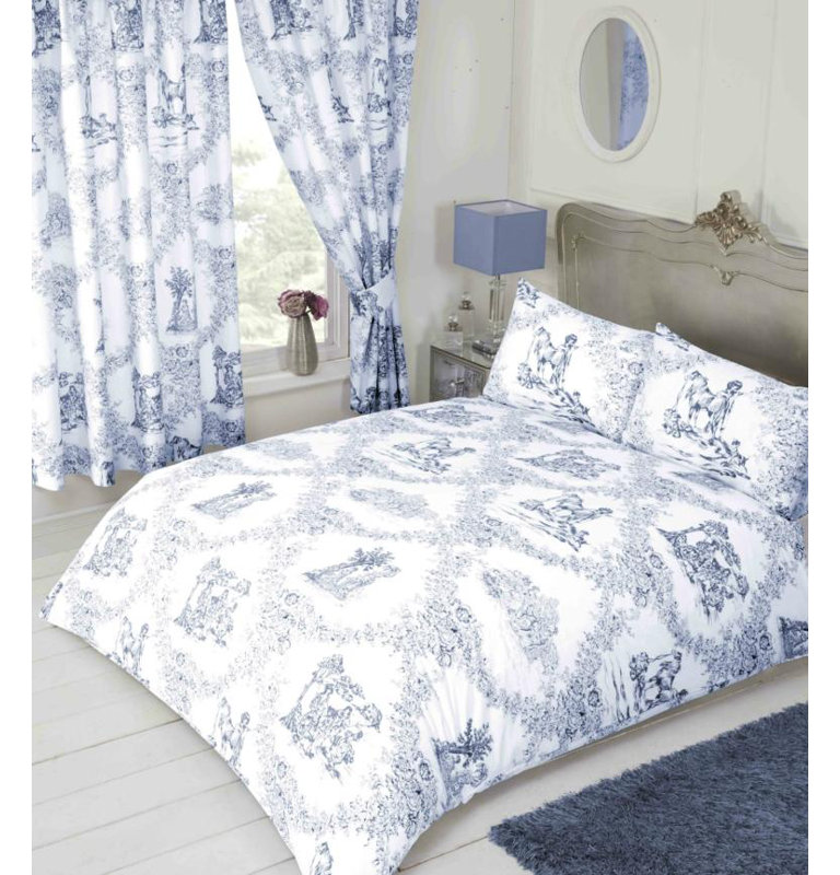 Giovanni Toile De Jouy 132 TC Duvet Cover Set, Blue, Super King Duvet Cover + 2 Standard Pillowcases