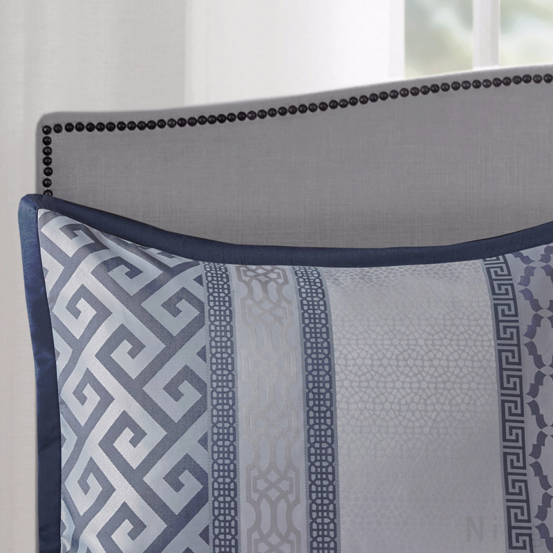 7 Piece Jacquard Comforter Set Navy Queen, Queen Comforter + 6 Additional Pieces