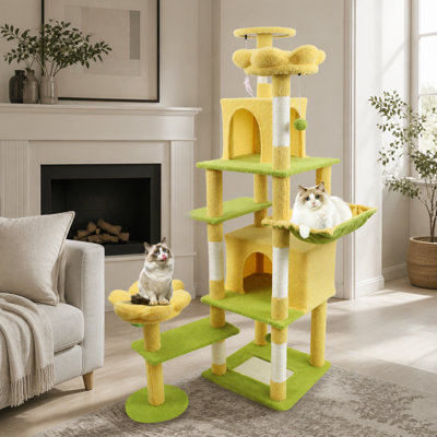 71 Inch Flower Cat Tree with Large Condo, Removable Cushion, and Hammock for Ultimate Feline Comfort and Play