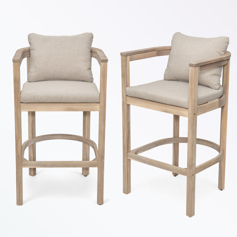 Ensemble de 2 tabourets d'extérieur en bois et corde avec coussin moelleux et repose-pieds, Blanc