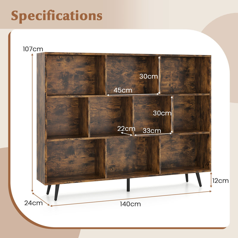 107cm H Metal Standard Bookcase, Brown, (10 Shelves) 107cm H x 140cm W x 24cm D