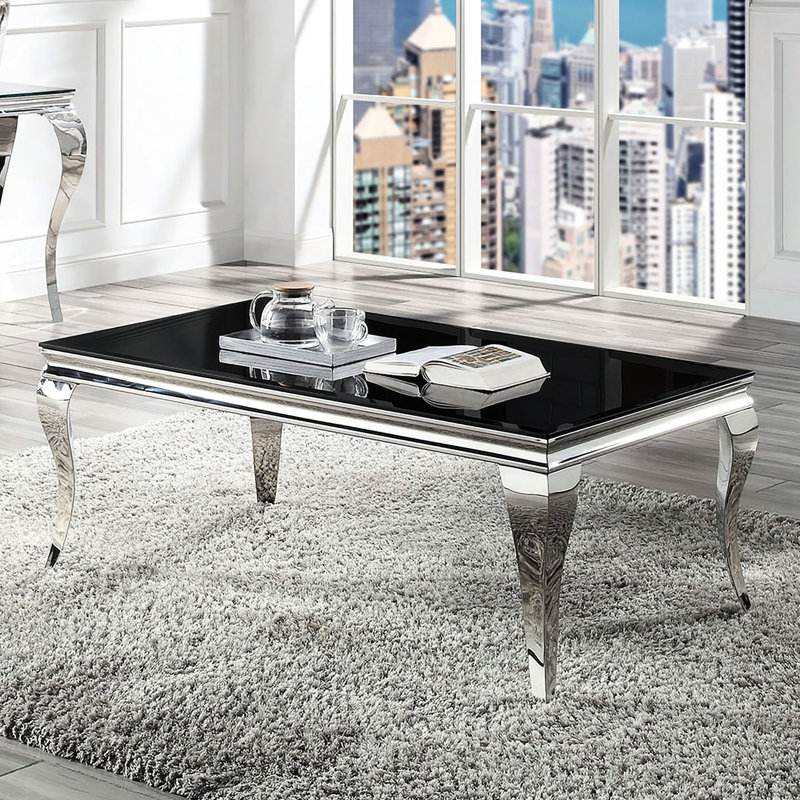 Table basse rectangulaire noire et argentée avec plateau en verre trempé et pieds en acier inoxydable
