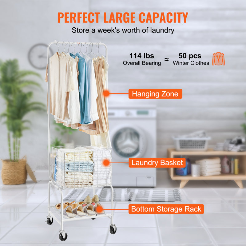 White Metal Rolling Laundry Cart with Adjustable Hanging Rack