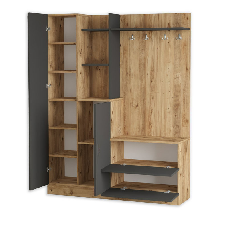 Modern Hall Tree With Mirror, Storage Cabinets, And Coat Hooks, Atlantic Pine/Anthracite