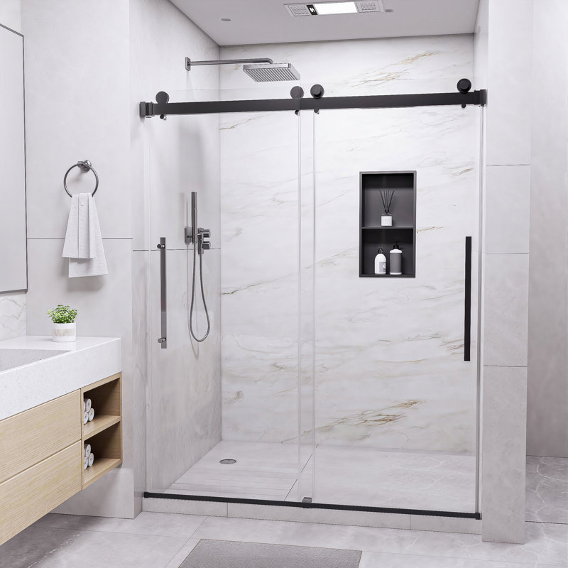 44-48 In. W X 74 In. H Semi-Frameless Double Sliding Shower Door with 1/4 in. Clear Tempered Glass in Matte Black