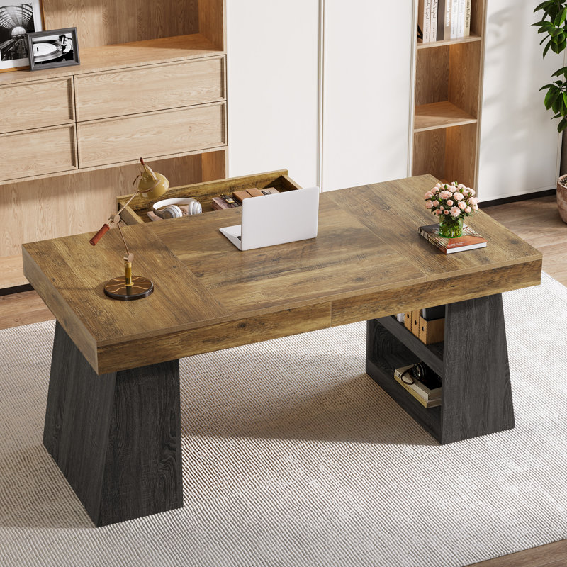 Bureau d'ordinateur de 55 po avec tablettes de rangement et tiroir, grand bureau à domicile en bois avec double base trapézoïdale