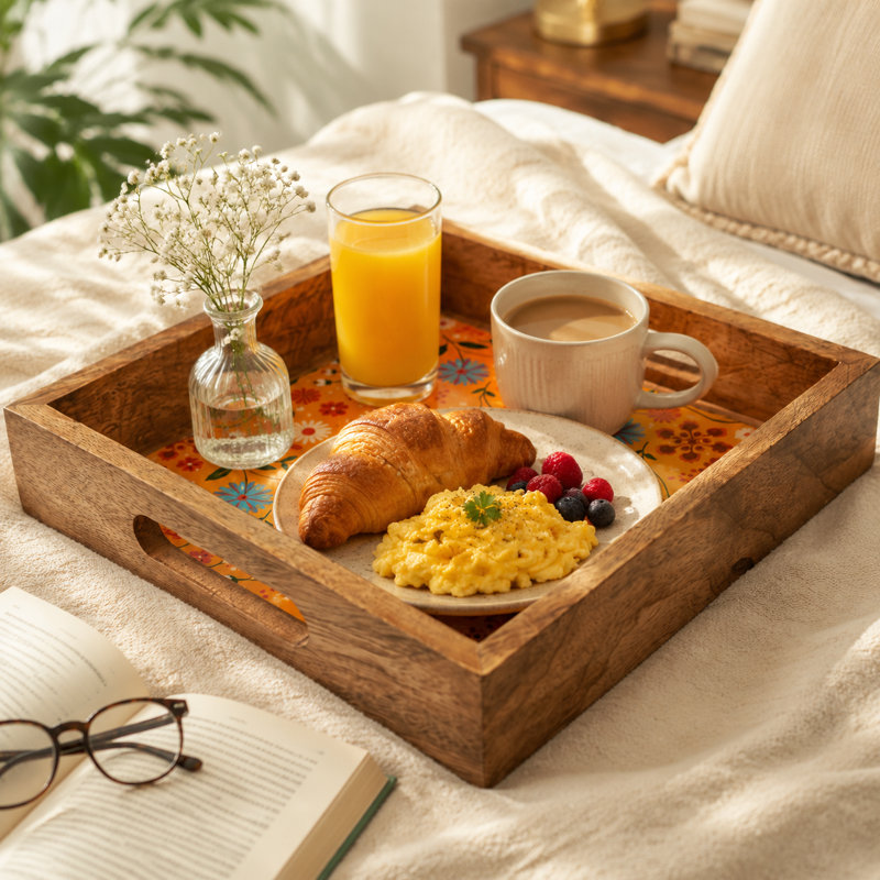 Handcrafted Floral Mango Wood Serving Tray