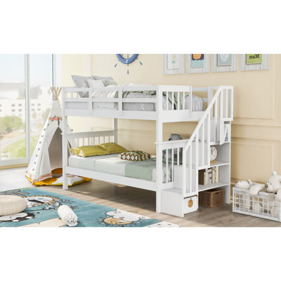 Stairway Twin-Over-Twin Bunk Bed With Storage And Guard Rail For Bedroom, Dorm, White Color