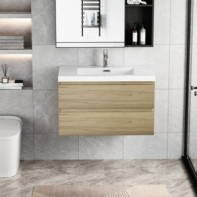 Meuble-lavabo de salle de bain avec lavabo et lavabo en résine, meuble-lavabo moderne avec tiroir fonctionnel en chêne naturel, tiroirs de comptoir pratiques