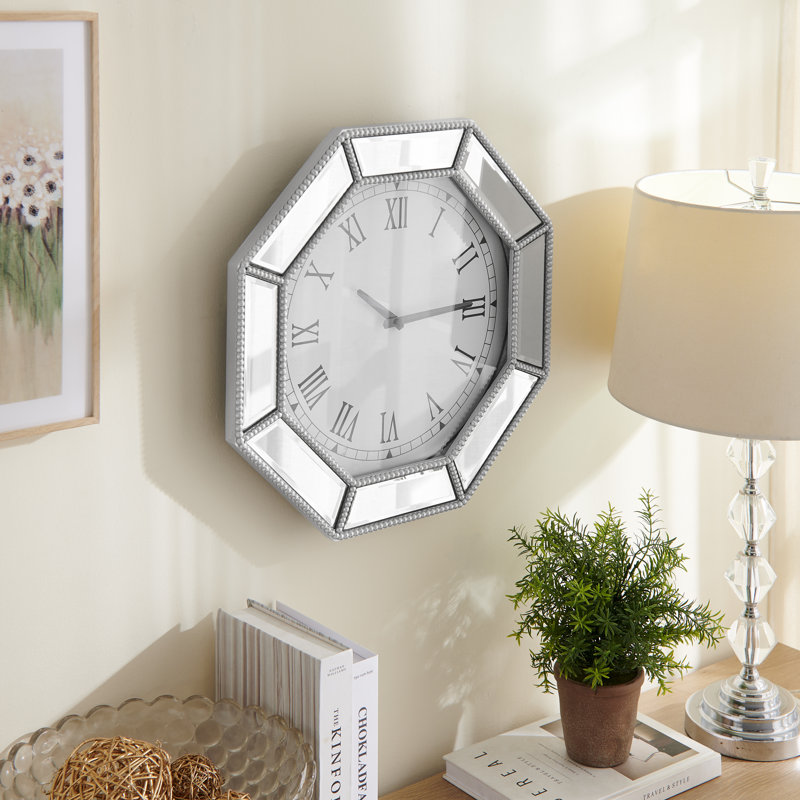 Horloge murale moderne à miroir octogonal avec bordure en verre perlé argenté, 17,7 pouces | Idée de cadeau