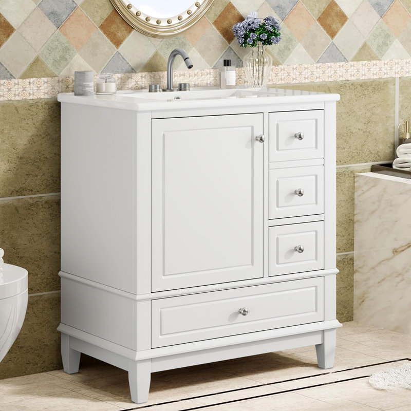 Armoire de meuble-lavabo 30 "avec lavabo en céramique, Blanc, Argent argent