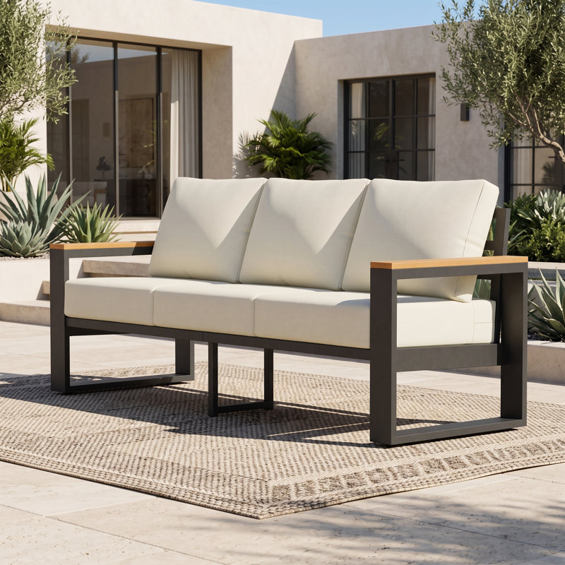 Table basse de patio en aluminium pour 3 personnes avec accoudoirs imitation bois et coussin de 12,5 cm, Cream