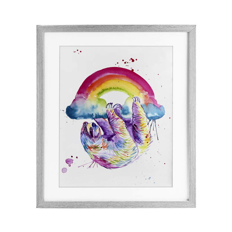 «Sloth Hanging From Rainbow», reproduction encadrée sous verre, design par Jennifer Seeley, Cadre de ferme gris