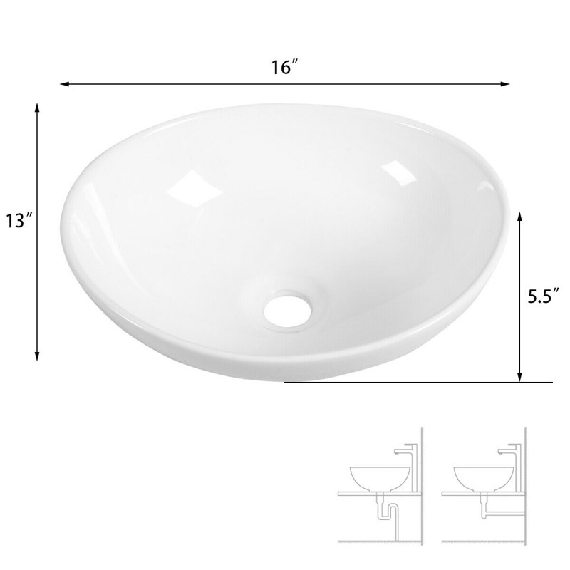 White Ceramic Oval Countertop Bathroom Sink with Pop-Up Drain
