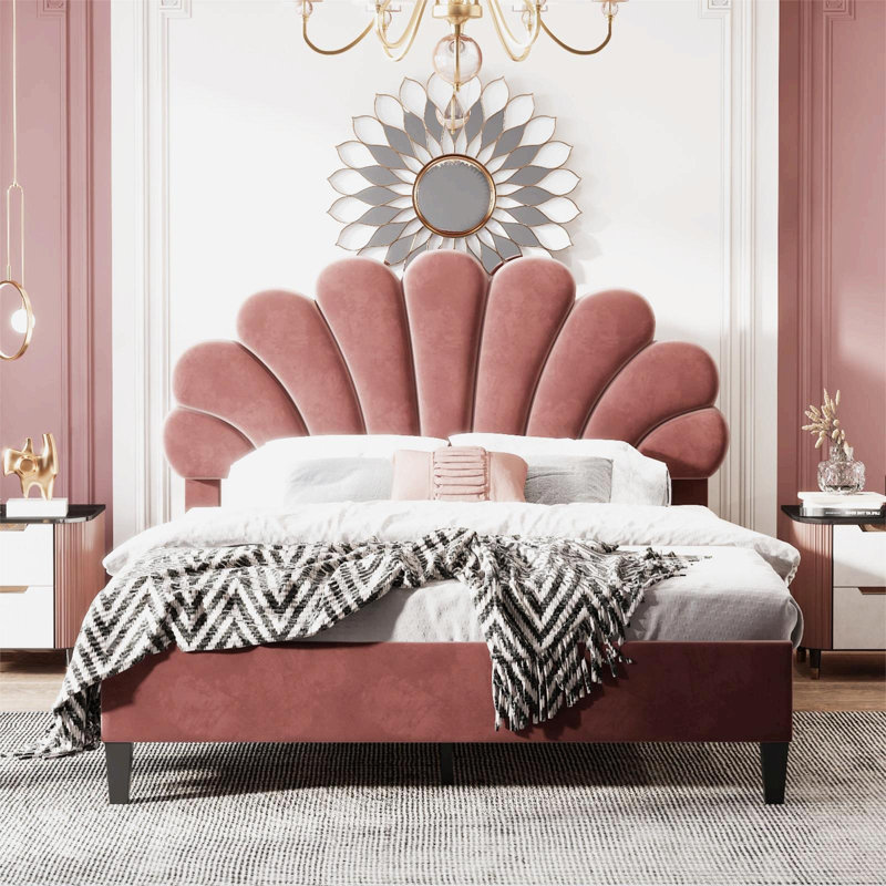 Genny Upholstered Velvet Bed, Red