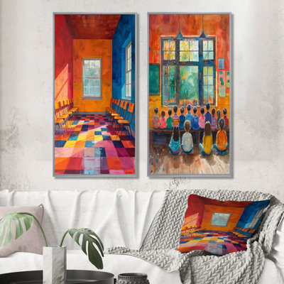 Orange Blue CreatIVe Classroom School I - Schools Wall Art 2 Pieces Set