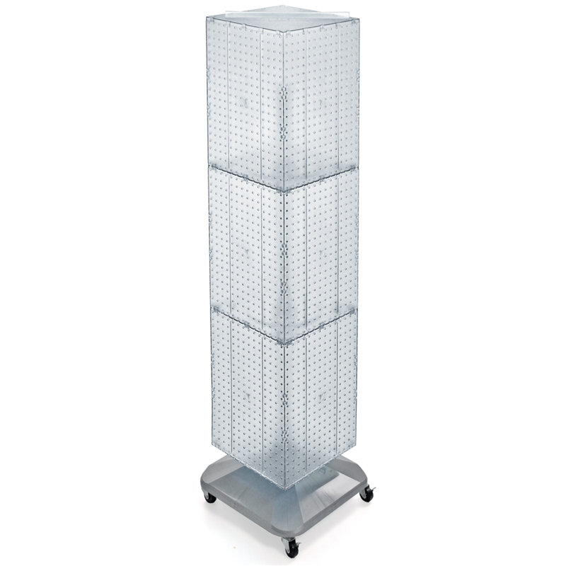  Four-Sided Pegboard Tower Floor Display on Revolving Wheeled Base. Spinner Rack Stand. Panel Size: 14"W x 60"H