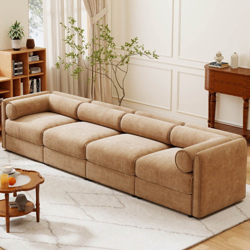 Upholstered Modular Sofa With Storage Seats, Camel, 27.9" H x 142.5" W x 37.4" D