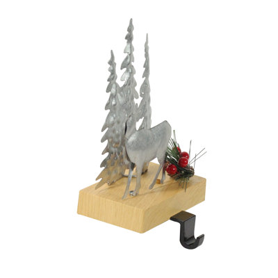 8.5" Silver and Brown Galvanized Metal Deer with Trees Christmas Stocking Holder