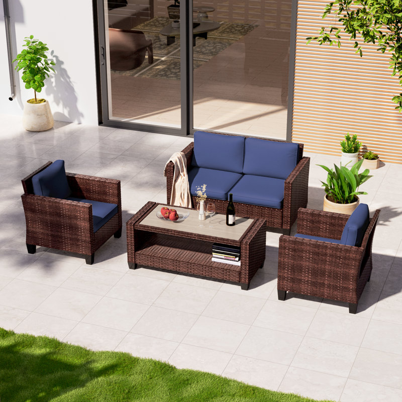 Ensemble de conversation pour patio 4 pièces avec causeuse et table basse, Brun, Marine