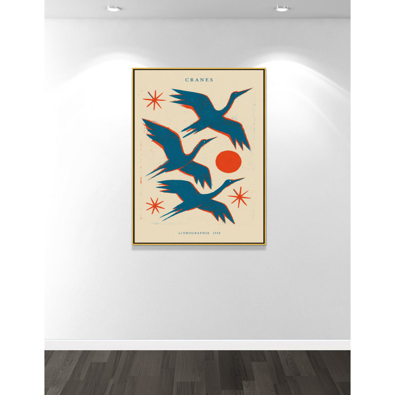 «Cranes» par Treechild, Toile avec cadre, 37.5'' W x 49.5'' H, Flotteur doré