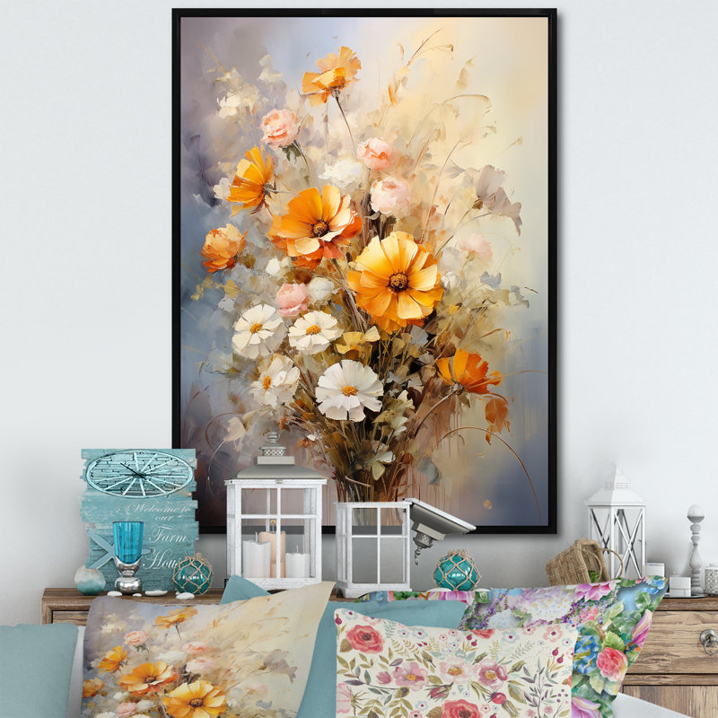 «Darb Beige Sunflowers», impression romantique sur toile, H 44 po x l 34 po x P 1,5 po, Cadre flottant noir