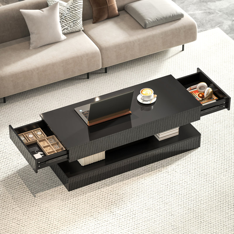 Table basse haute brillance avec centre de lumière DEL réglable noir, Noir