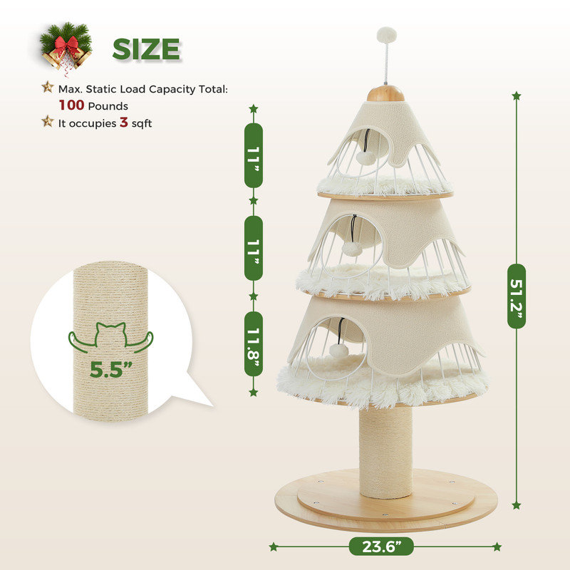 Cat Scratching Post, Christmas Tree Tall Cat Scratching Board With Natural Sisal Scratching Rods And Interactive Toy Ball For Kittens And Kittens