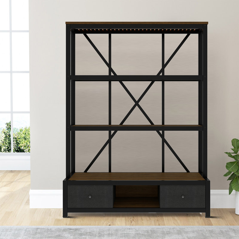 Modern Industrial metal Bookcase with LED Lighting and  Drawers, 3-Tier Display book shelf with Metal Frame, Black/Walnut