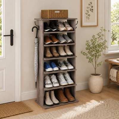Tour de rangement verticale verticale pour chaussures gris rustique, organisateur d'entrée à 7 niveaux avec crochets, idéal pour ranger 12 à 14 paires de chaussures
