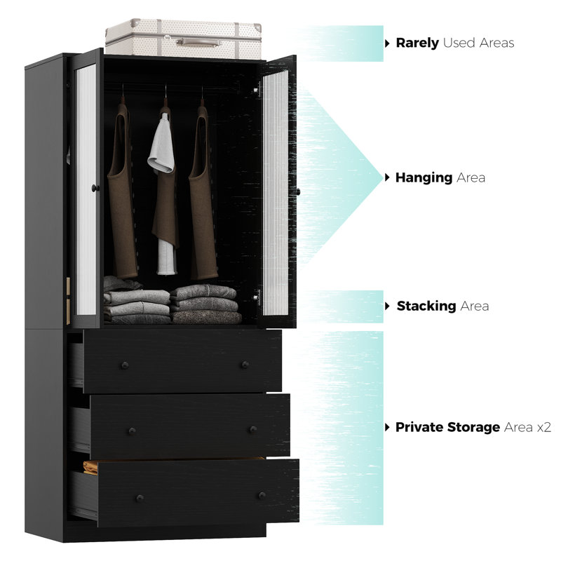 20" D Armoire Wardrobe Closet With Fluted Glass And Drawers, 71" H Clothing Storage Cabinet With Hanging Rod And Soft-Close Doors