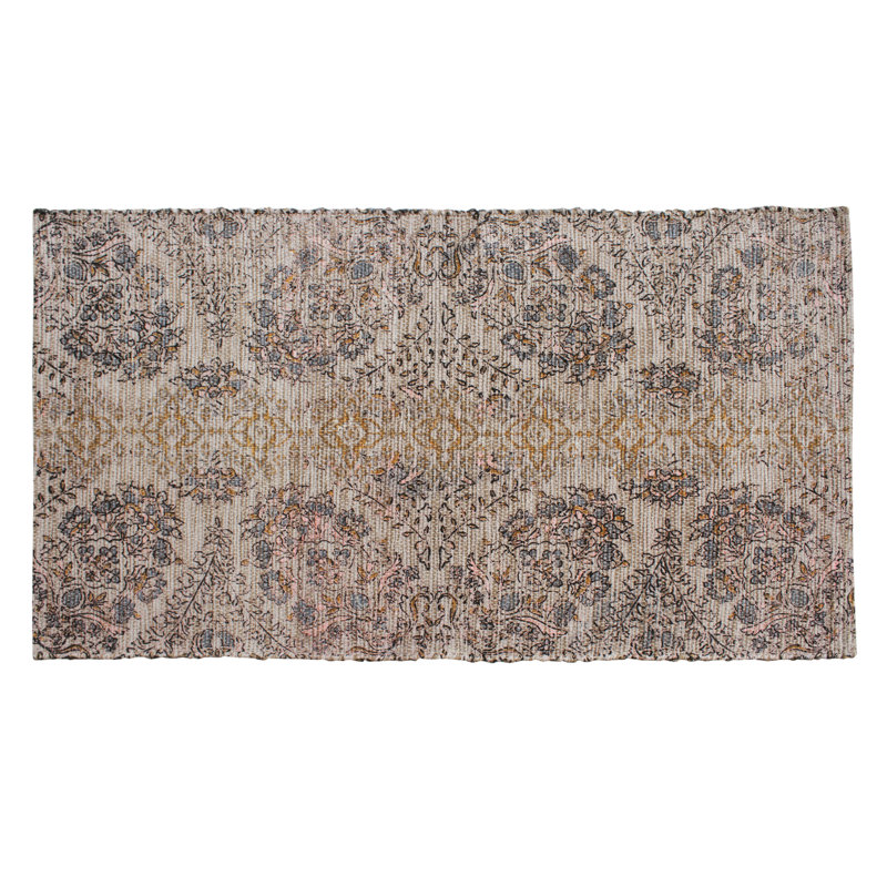 Vintage Inspired Blue and Brown Floral Cotton Rectangular Rug