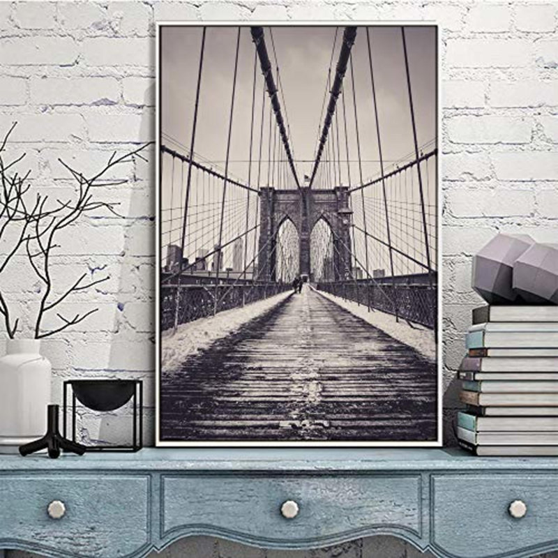Architecture Building  Bridge in New York City Photograph Classic Pictures Framed On Canvas Print Wall Art, Black