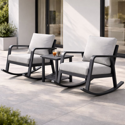 Ensemble de patio pour 2, ensemble bistro berçant en aluminium 3 pièces avec table d'appoint, coussins en oléfine, sièges d'extérieur pour porche, balcon, cour, terrasse et jardin