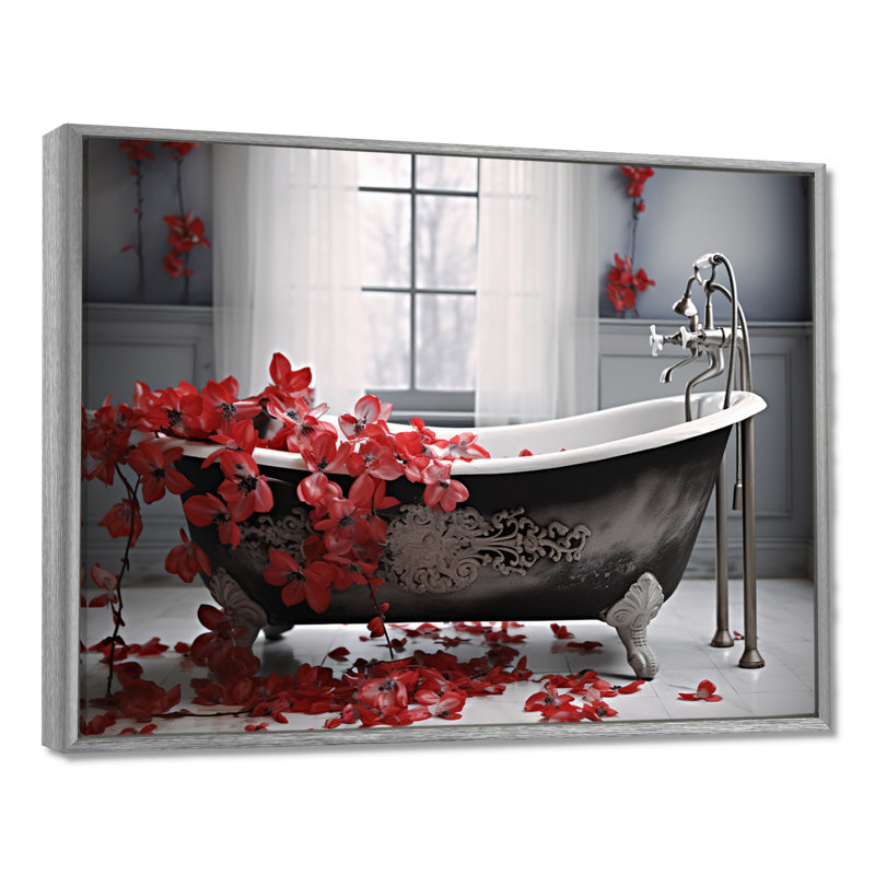 «Red Floral Bath I» - Art mural pour la lessive dans le salon, H 16 po x l 32 po x P 1 po, Encadrement argenté