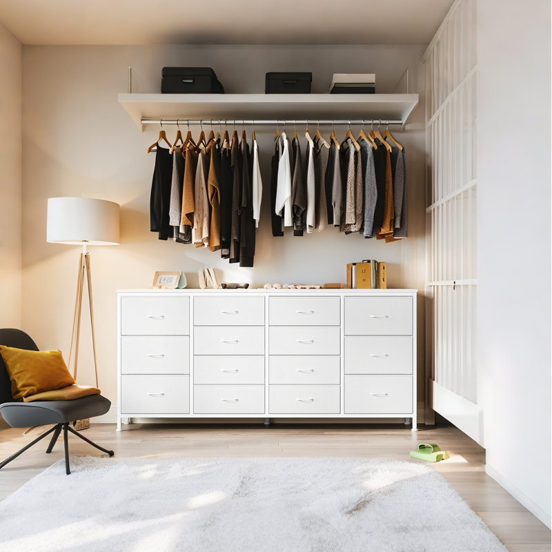  Long 14 Drawer Dresser TV Console, Power Outlets, 63” Storage Chest for Bedroom, Blanc