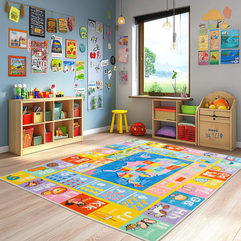 4x5ft Children's Area Rug, Alphabet Map Pattern, Faux Cashmere Non-Slip Carpet, Suitable for Living Room, Bedroom, Children's Room, Home Decor
