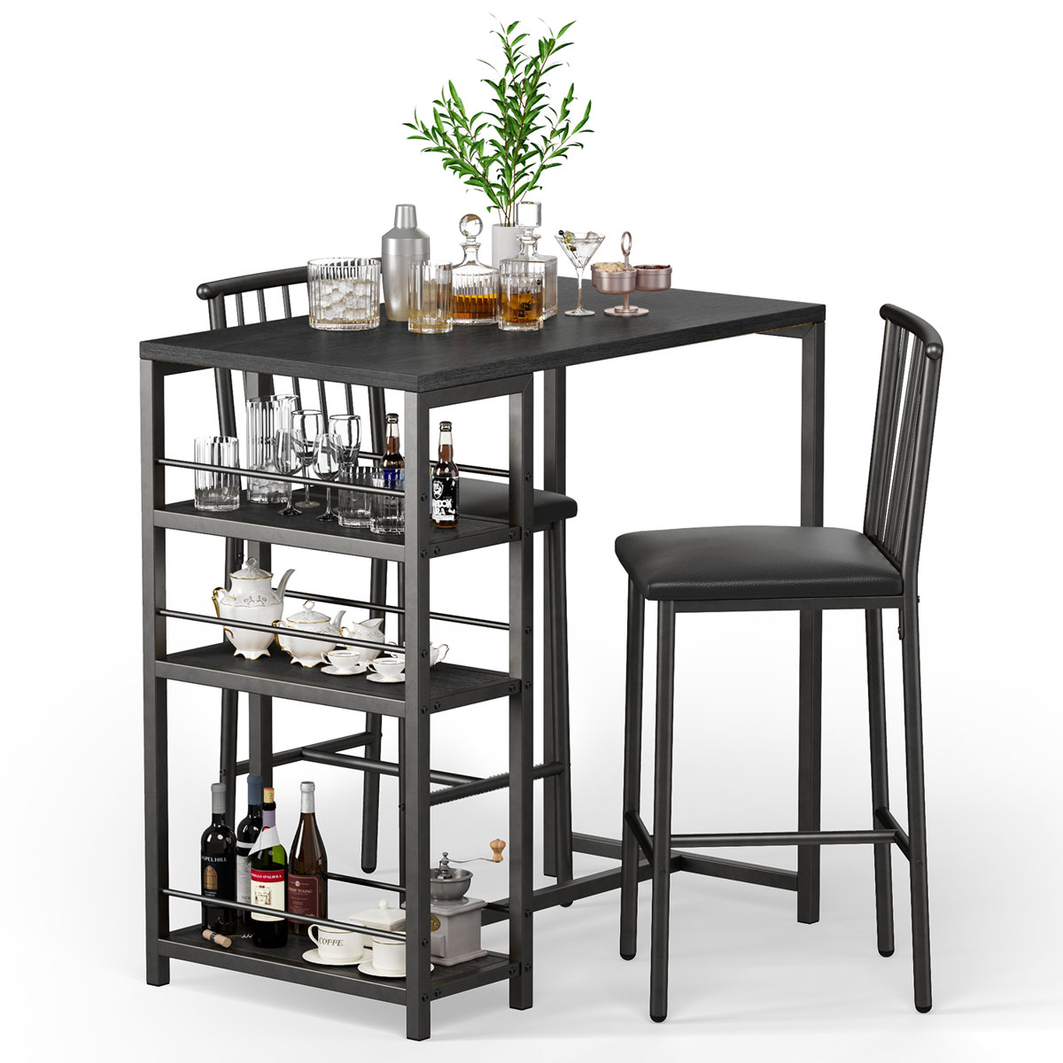 Ebern Designs Tabiatha 2-Person Counter Height Bar Table Set with 2 Upholstered Stool Chairs