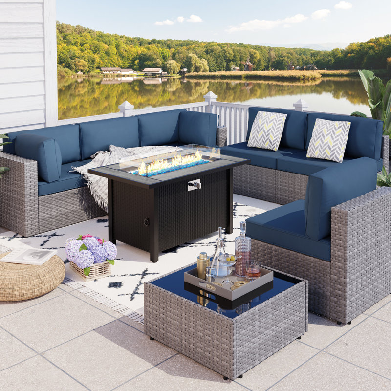 Ensemble de salon de jardin Bushrah pour 6 personnes avec coussins et table de foyer, Argent, Marine