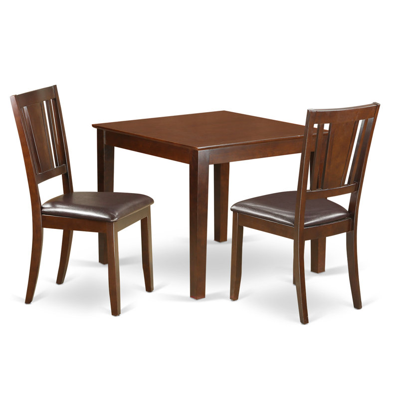 3 Piece Dining Table Set for Small Spaces Contains a Square Dining Room Table and 2 Faux Leather Chairs, Mahogany