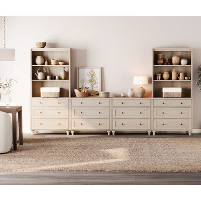 Buffet avec huche à bar, buffet avec 12 tiroirs et 3 tablettes à 3 niveaux, beige clair, 135 po