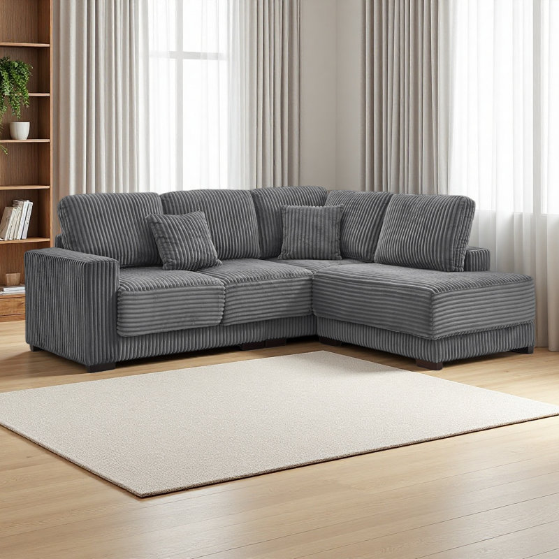 93" Sectional Sofa, L Shaped Sofa Couch With Reversible Chaise Lounge, Upholstered Soft Corduroy Couch, Gray Corduroy