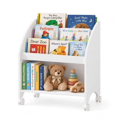 Bibliothèque mobile pour enfants à 3 niveaux de 23,6 pouces avec étagères d'exposition frontales, tablette de rangement inférieure et roulettes verrouillables