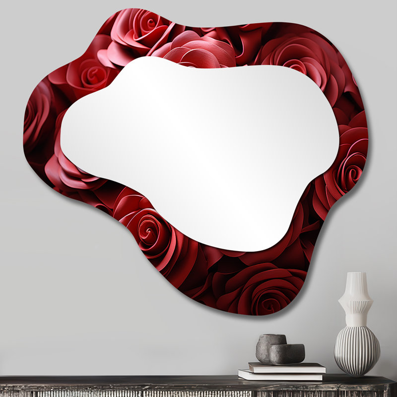Red Classic rose Resonance I - Roses Cloud Decorative Mirror, Modern Asymmetrical Large Wall Mirror, Printed Metal Art