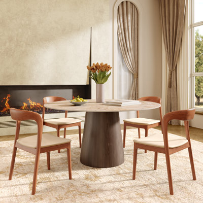 Bobrow 4 - Piece Round Kitchen Stone Dining Table With Ergonomic Wooden Chairs