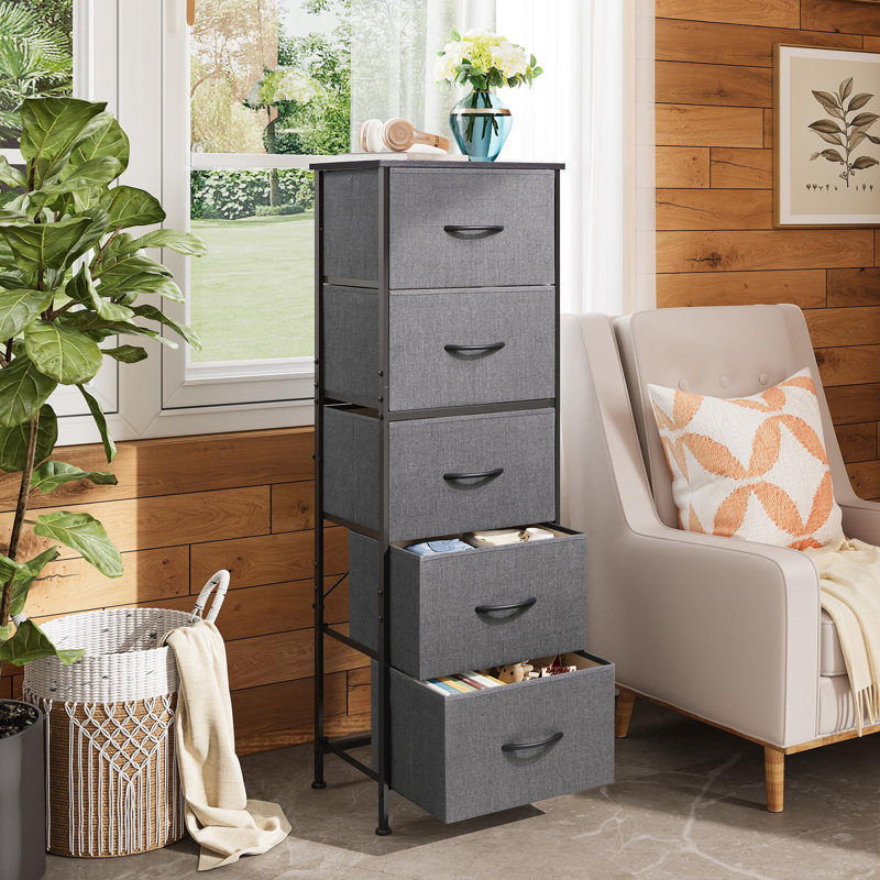 Fabric Dresser, 5-Drawer Tall Dresser for Bedroom, Storage Dresser Organizer with Fabric Bins, Wood Top, Sturdy Steel Frame, Chest of Drawers for Closet, Hallway