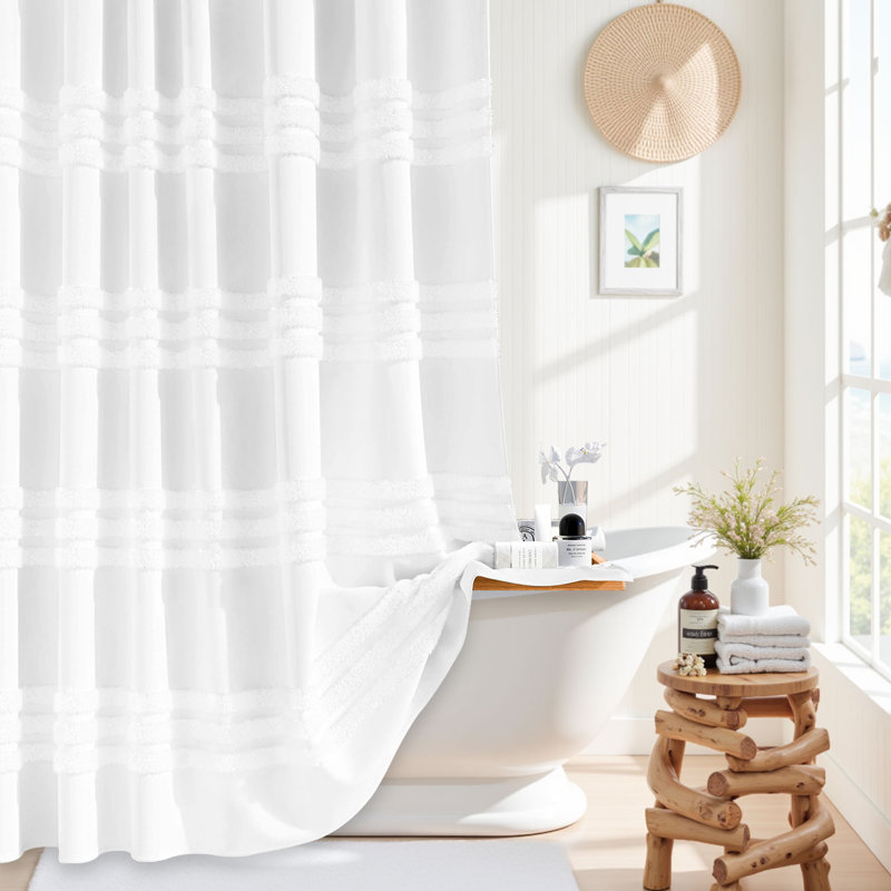 Rideau de douche en tissu de style campagnard, élégant ensemble de rideau de douche en chenille touffeté à rayures en tissu texturé avec crochets en plastique, lavable à la machine, imperméable et moderne Rideaux de douche de luxe élégants pour la salle de bain