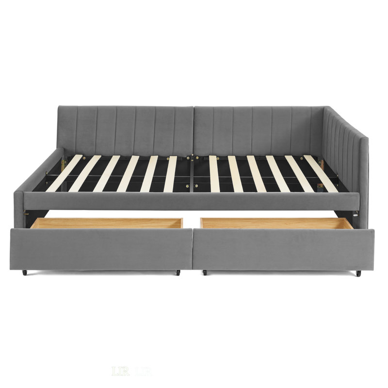 Vulnavia Size Upholstered Tufted Bed Frame With Storage, Comfortable Backrest And Armrests, Velvet Grey, Gray