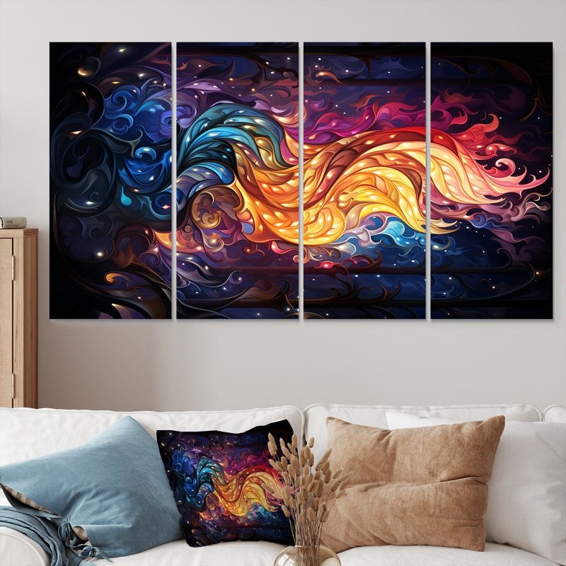 Rainbow Flames Whirling - Art mural abstrait pour le salon, 4 pièces, H 28 po x l 48 po
