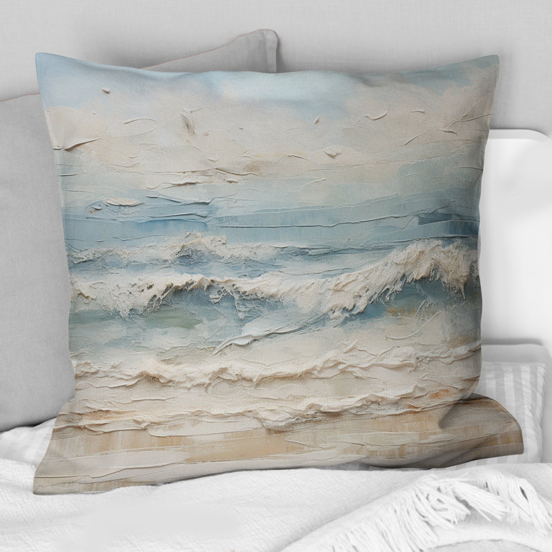 Peinture de plage beige et bleu côtier - Coussin décoratif imprimé plage côtière, 18" x 18"
